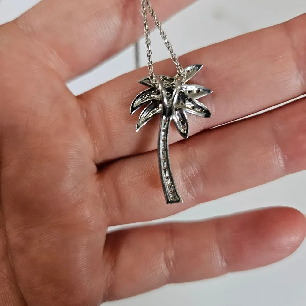 Fine Arts Silver FAS 925 Sterling Silver Simulated Diamond Palm Tree Necklace